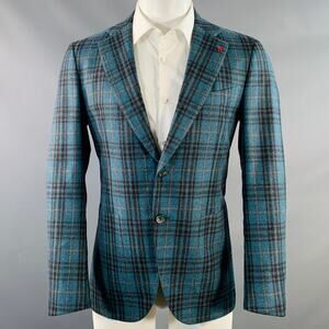 ISAIA Size 38 Regular Blue Brown Plaid Wool Notch Lapel Sport Coat